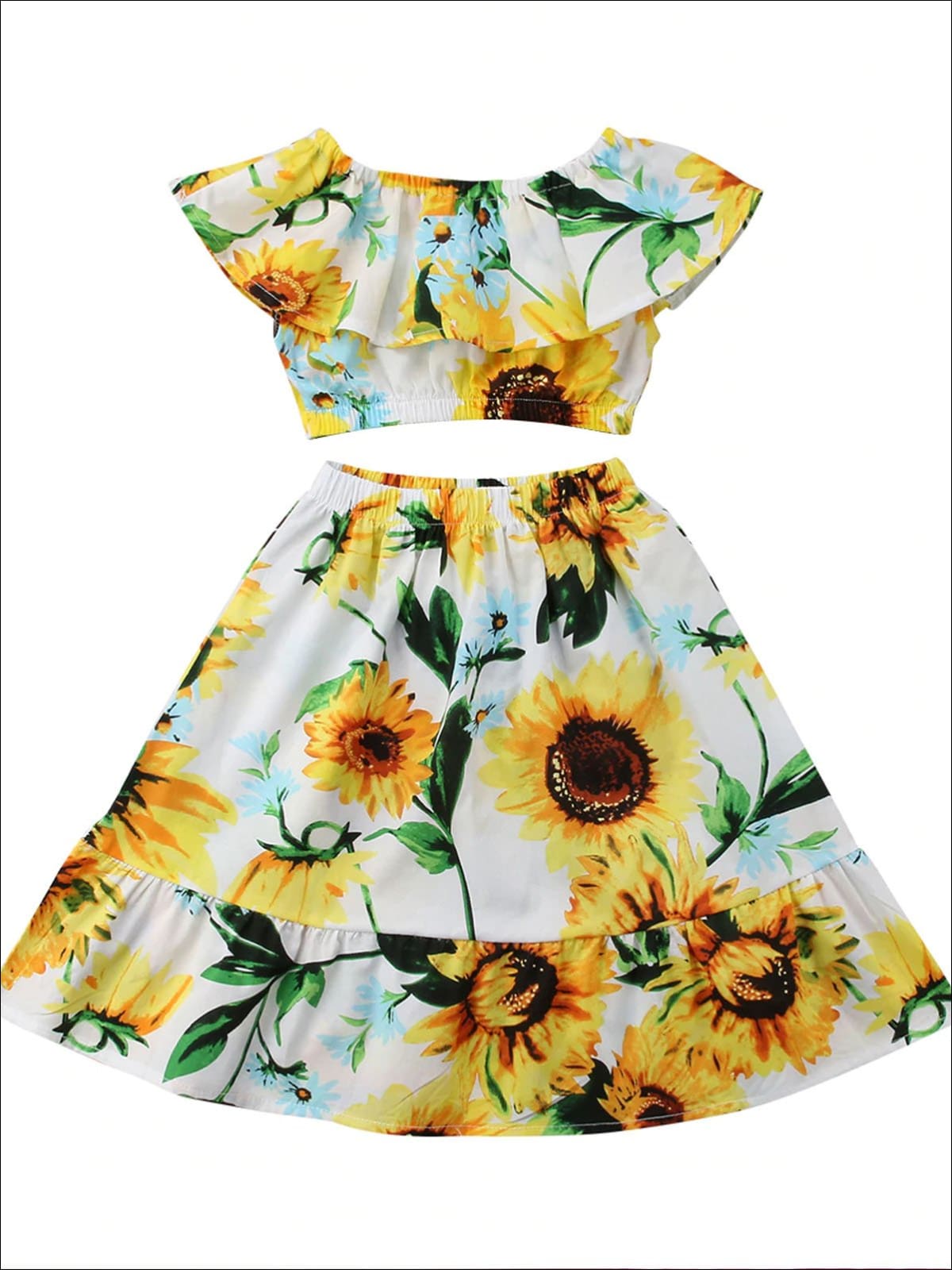 Girls Sunflower Print Ruffled Off Shoulder Crop Top & Maxi Skirt - Yellow / 2T - Girls Spring Casual Set