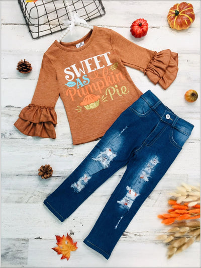 Girls Sweet as Pumpkin Pie Long Sleeve Ruffled Top & Ripped Jeans Set - Brown / 3T - Girls Thanksgiving Set