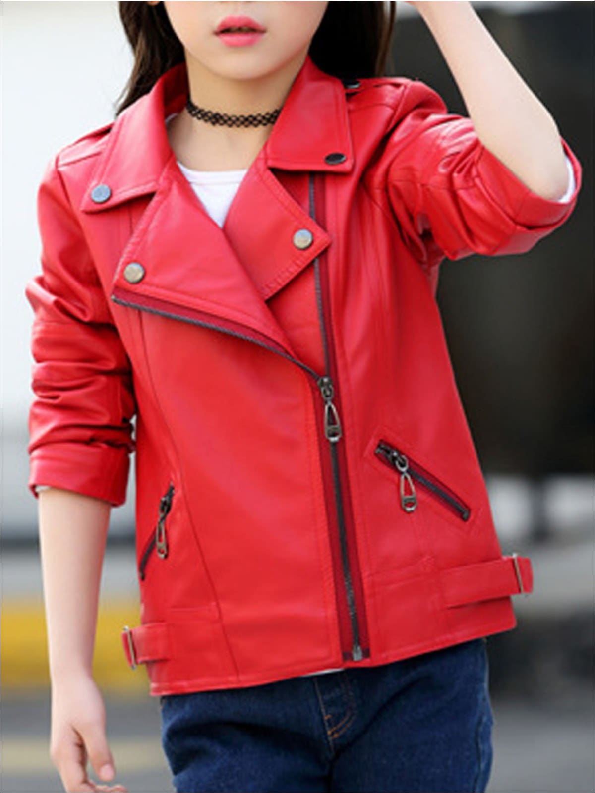 Girls Synthetic Leather Moto Jacket - Red / 3T - Girls Jacket