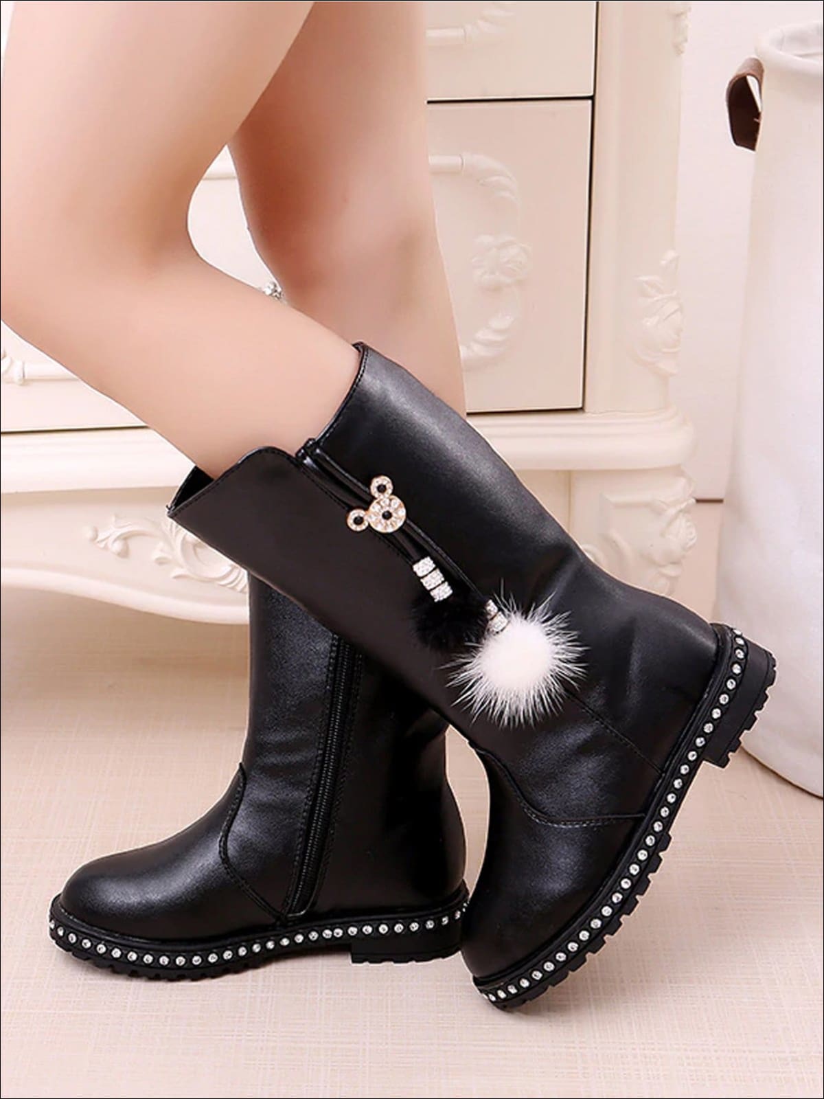 Girls Synthetic Leather Pom Pom Tassel Mid-Calf Boots - Black / 1 - Girls Boots