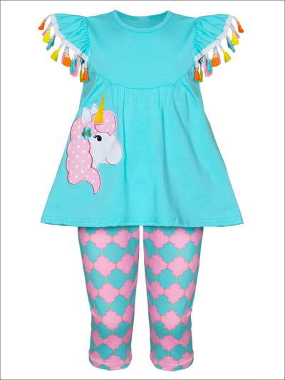 Girls Tassel Flutter Sleeve Unicorn Applique Top & Geo Print Capri Leggings - Turquoise / XS-2T - Girls Casual Spring Set