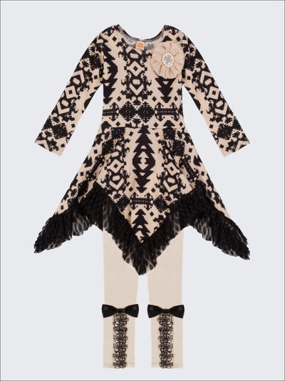Girls Taupe & Black Printed Handkerchief Tunic & Leggings Set - Girls Fall Dressy Set