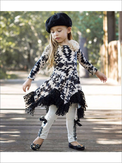 Girls Taupe & Black Printed Handkerchief Tunic & Leggings Set - Girls Fall Dressy Set