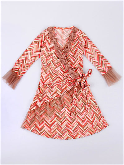 Girls Taupe & Pink Chevron Wrap Dress - Girls Fall Casual Dress