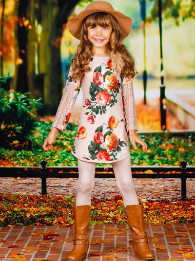 Girls Taupe Lace Sleeve Floral Tunic & Leggings Set - Mia Belle Girls