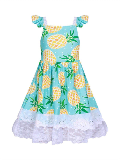 Girls Teal Pineapple Print A-Line Flutter Sleeve Tiered Ruffled Lace Hem Dress - Girls Spring Casual Dress