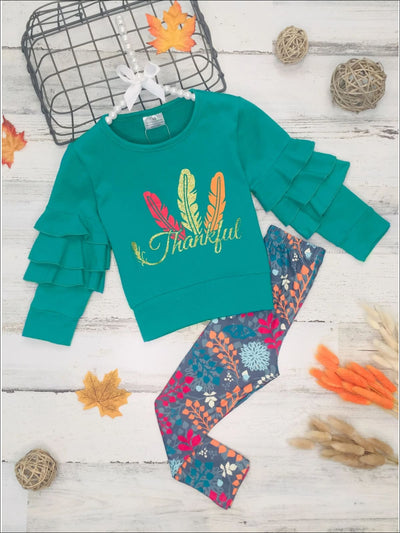 Girls Thankful Feather Print Ruffled Sweatshirt & Floral Leggings Set - Turquoise / 2T - Girls Fall Casual Set