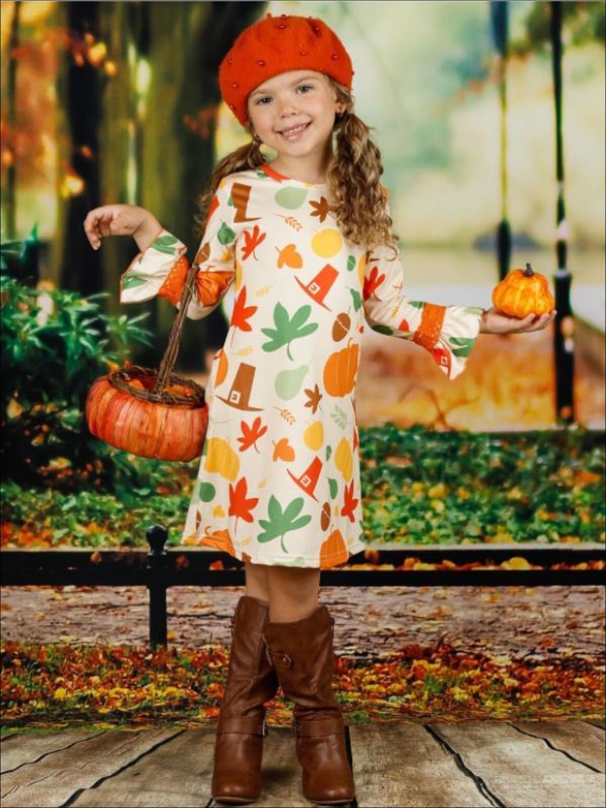 Girls Thanksgiving Themed Flared Long Sleeve Printed Dress - Girls Fall Casual Dress