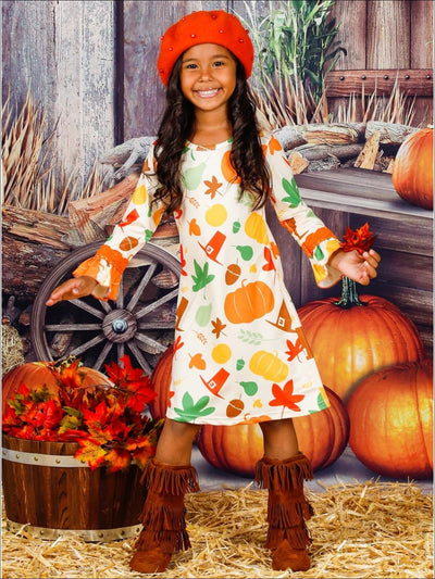 Girls Thanksgiving Themed Flared Long Sleeve Printed Dress - Girls Fall Casual Dress