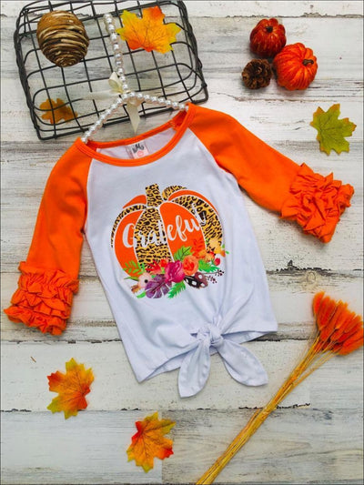Girls Thanksgiving Themed Grateful Pumpkin Print Ruffled 3/4 Raglan Sleeve Knot Top - Orange / 3T - Girls Fall Top