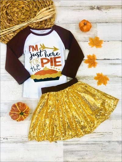 Girls Thanksgiving Themed Im Just Here for the Pie Long Sleeve Raglan Top & Sequin Skirt Set - Brown / S-3T - Girls Thanksgiving Set