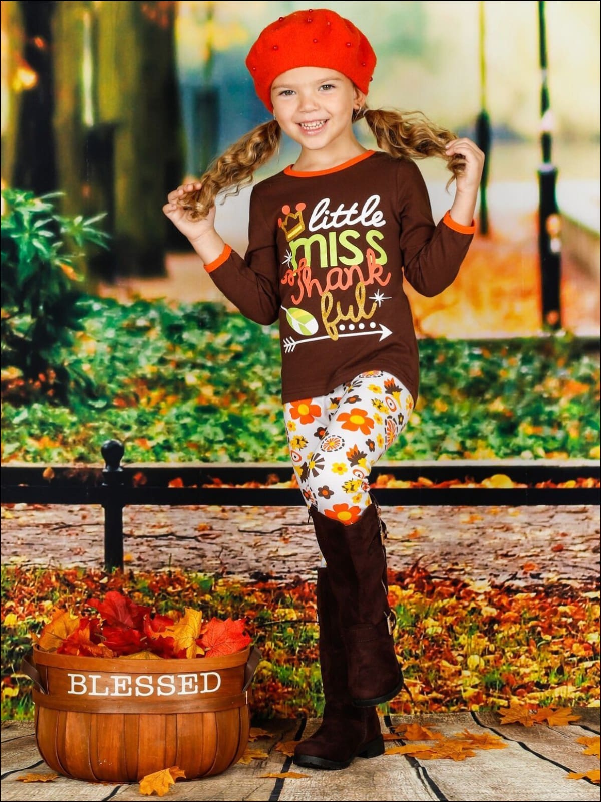 Girls Thanksgiving Themed Little Miss Thankful Long Sleeve Top & Printed Leggings Set - Girls Fall Casual Set