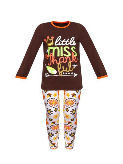 Girls Thanksgiving Themed Little Miss Thankful Long Sleeve Top & Printed Leggings Set - Brown / S-3T - Girls Fall Casual Set