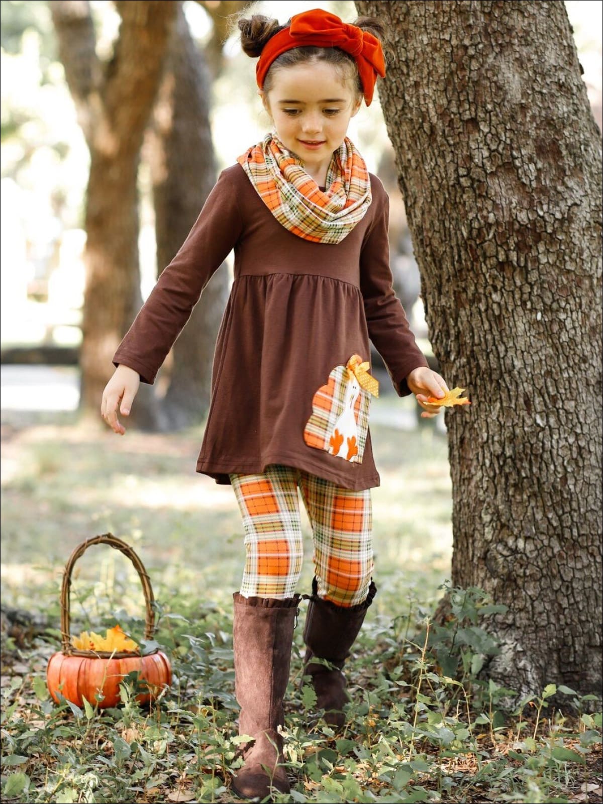 Girls Thanksgiving Themed Long Sleeve Turkey Applique Tunic Leggings & Scarf Set - Girls Thanksgiving Set