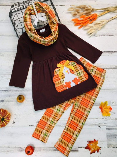 Girls Thanksgiving Themed Long Sleeve Turkey Applique Tunic Leggings & Scarf Set - Orange / 3T - Girls Thanksgiving Set