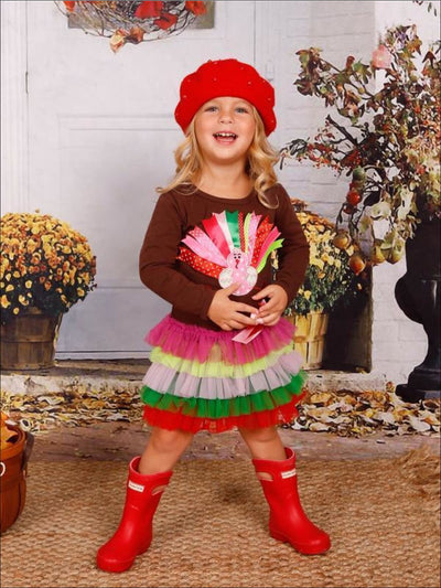 Girls Thanksgiving Themed Long Sleeve Turkey Ruffled Tutu Dress - Girls Thanksgiving Dress