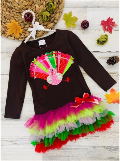 Girls Thanksgiving Themed Long Sleeve Turkey Ruffled Tutu Dress - Multicolor / S-3T - Girls Thanksgiving Dress