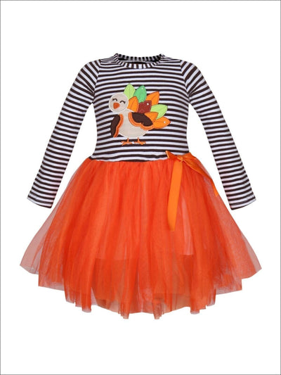 Girls Thanksgiving Themed Striped Long Sleeve Tutu Dress with Turkey Applique - Orange / XS-2T - Girls Thanksgiving Dress