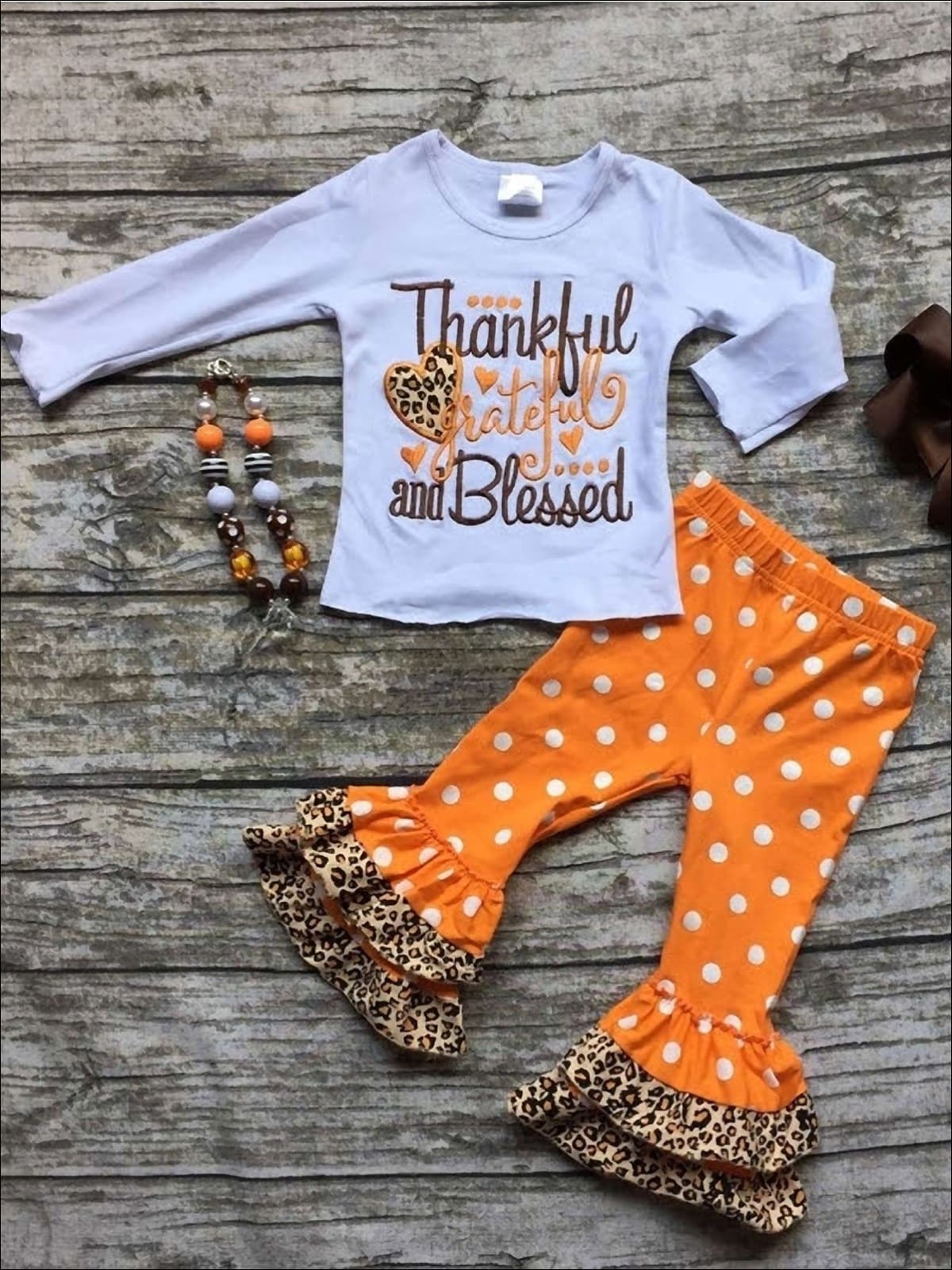 Girls Thanksgiving Themed Thankful Grateful & Blessed Long Sleeve Top & Ruffled Polka Dot Leggings Set - Orange / XS-2T - Fall Low Stock