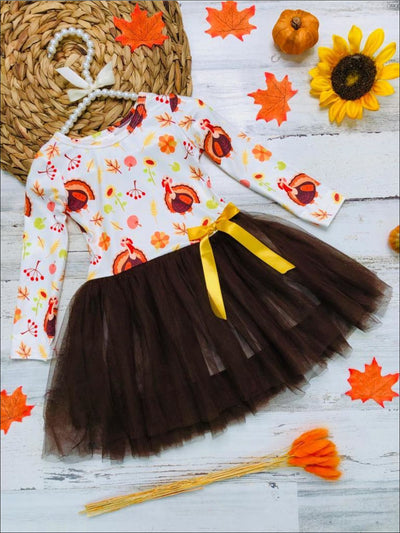Girls Thanksgiving Themed Turkey Print Tutu Skirt Dress with Bow - Brown / 2T - Girls Thanksgiving Dress