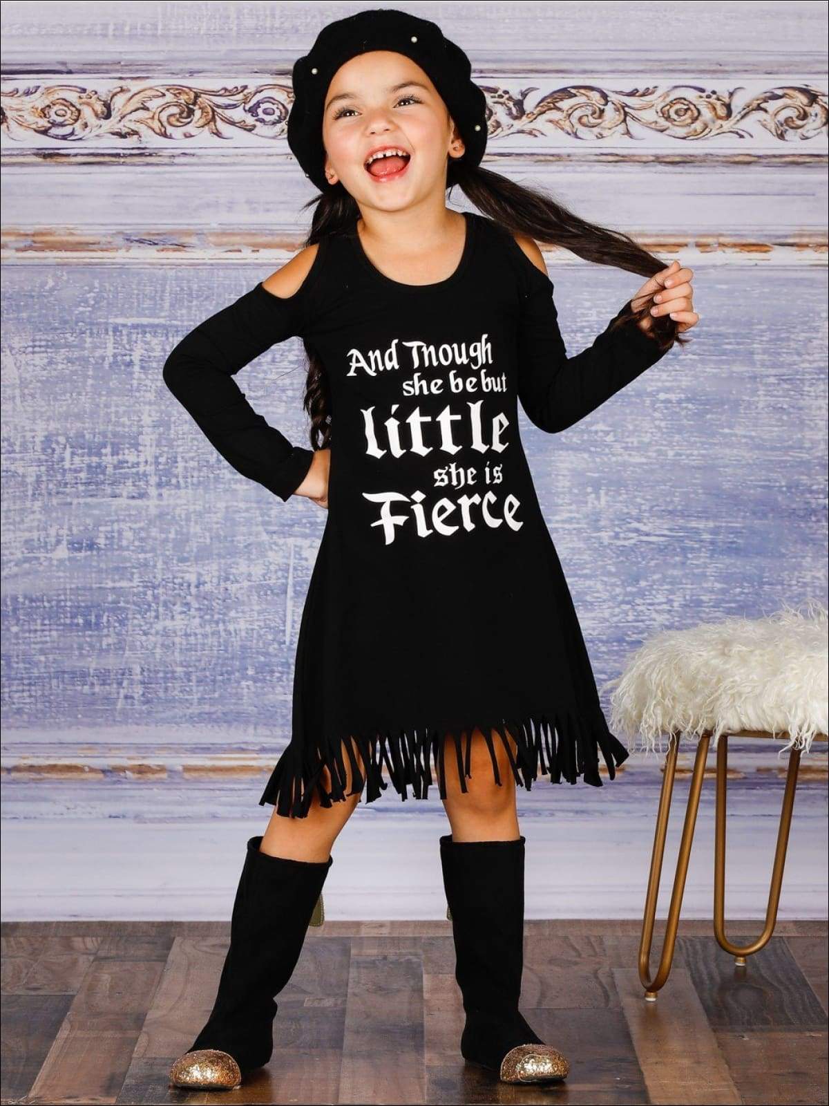 Girls Though She Be But Little She is Fierce Cold Shoulder Fringe Graphic Statement Dress - Girls Fall Casual Dress