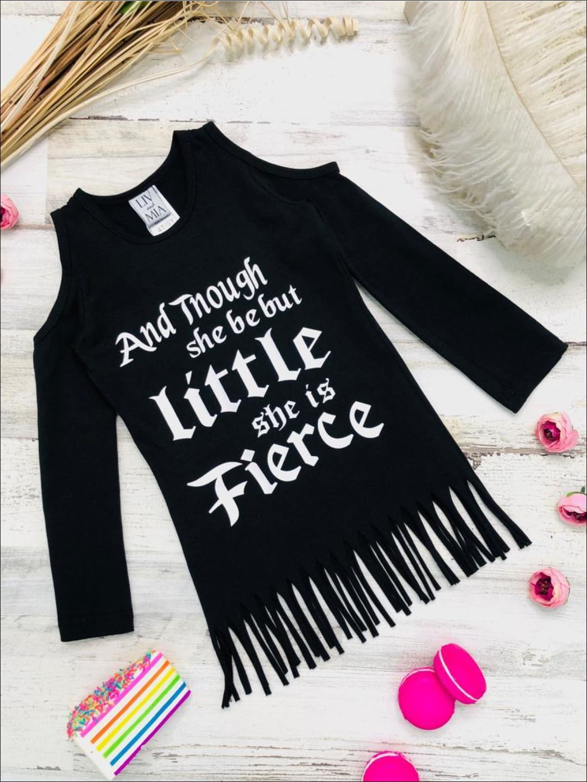 Girls Though She Be But Little She is Fierce Cold Shoulder Fringe Graphic Statement Top - Girls Fall Top