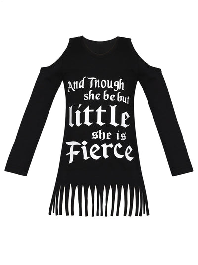 Girls Though She Be But Little She is Fierce Cold Shoulder Fringe Graphic Statement Top - Black / 2T/3T - Girls Fall Top