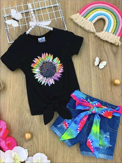 Girls Spring Outfits | Rainbow Sunflower Knot Top & Denim Shorts Set