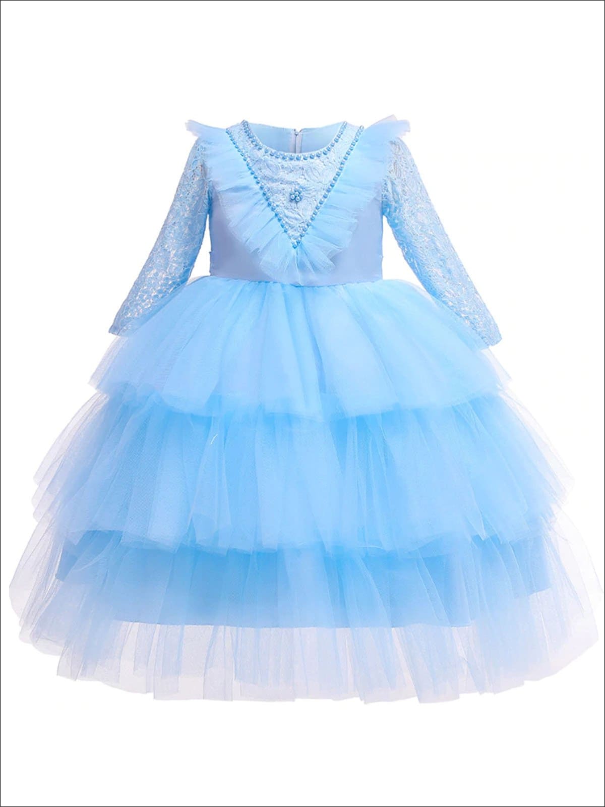 Girls Tiered Embellished Lace Dress - Blue / 2T - Girls Spring Dressy Dress