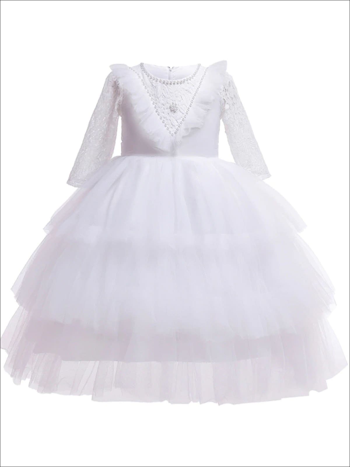 Girls Tiered Embellished Lace Dress - White / 2T - Girls Spring Dressy Dress