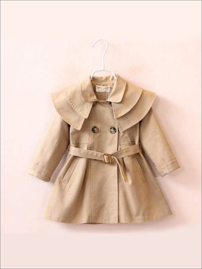 Girls Tiered Lapel Collar Trench Coat with Belt - Khaki / 2T - Girls Jacket