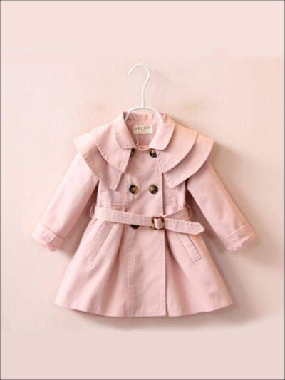 Girls Tiered Lapel Collar Trench Coat with Belt - Pink / 2T - Girls Jacket