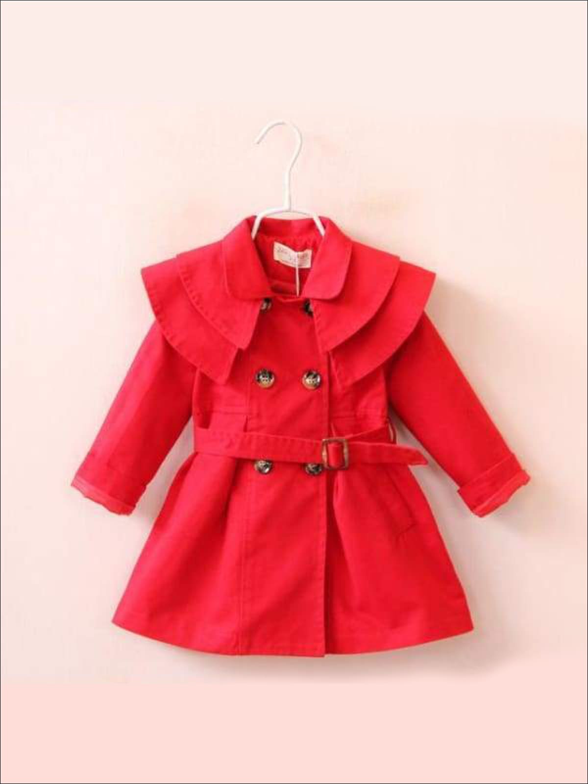 Girls Tiered Lapel Collar Trench Coat with Belt - Red / 2T - Girls Jacket