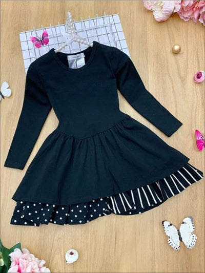 Girls Tiered Polka Dot and Striped Dress - Black / 3T - Girls Spring Casual Dress