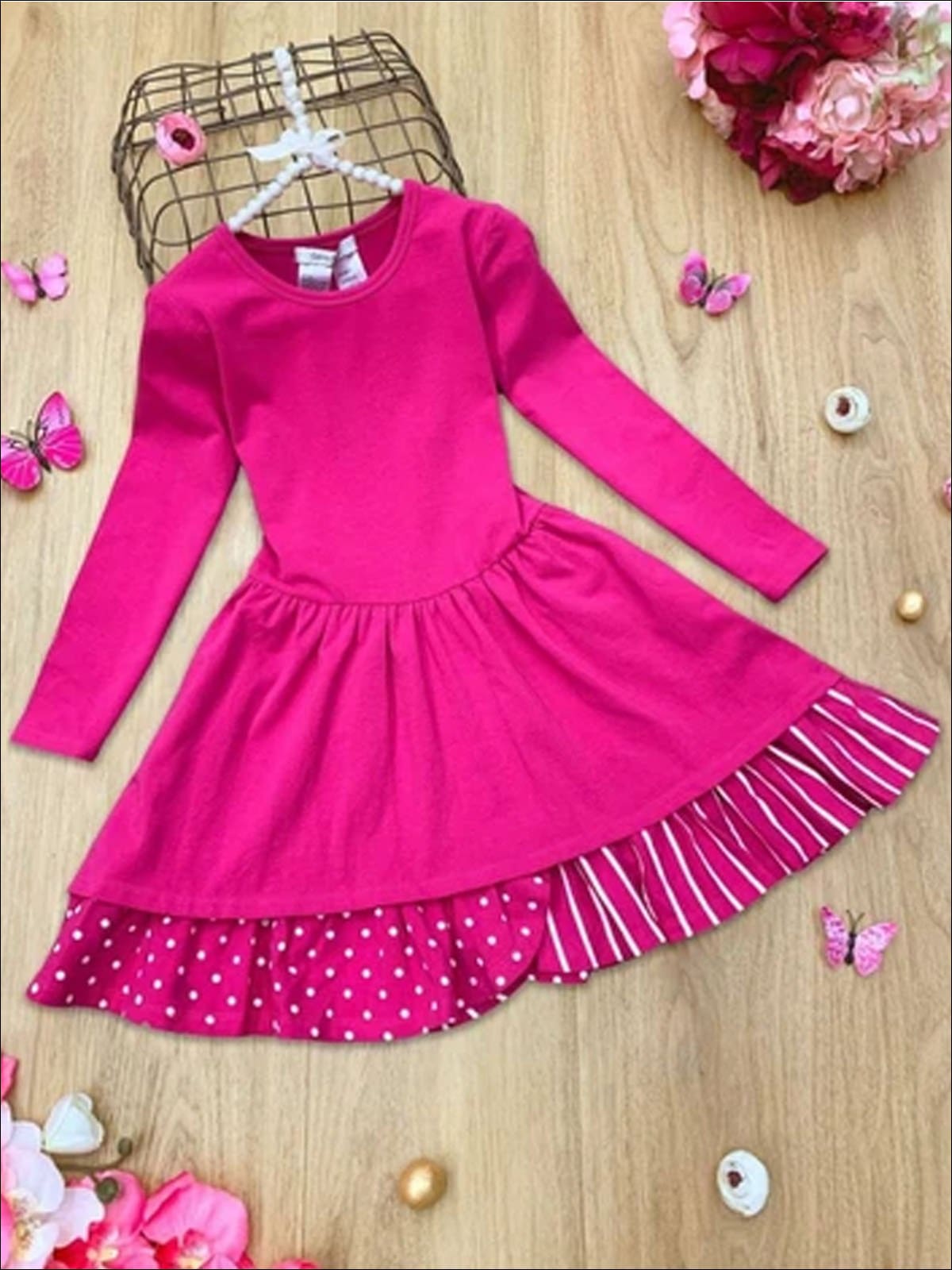 Girls Tiered Polka Dot and Striped Dress - Fuchsia / 5Y - Girls Spring Casual Dress