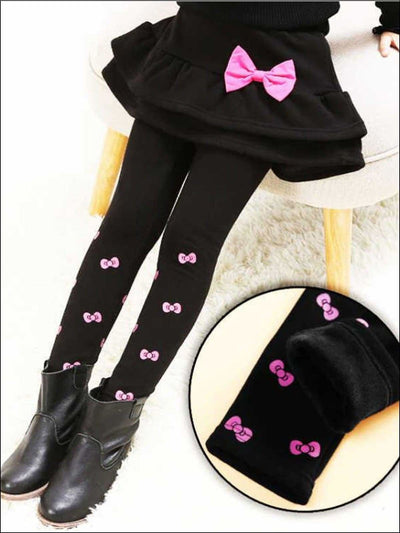 Girls Tiered Ruffle Bow Detail Printed Skirt Leggings - Black / 4T - Girls Leggings