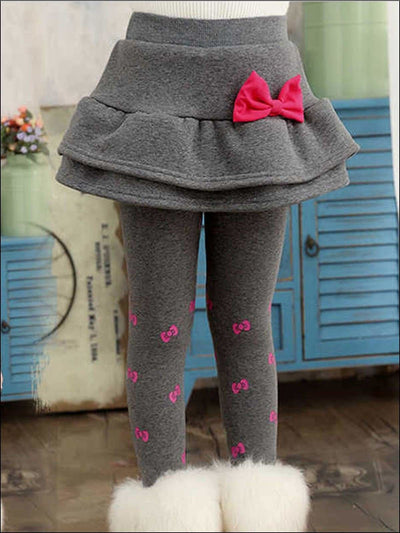 Girls Tiered Ruffle Bow Detail Printed Skirt Leggings - Grey / 4T - Girls Leggings