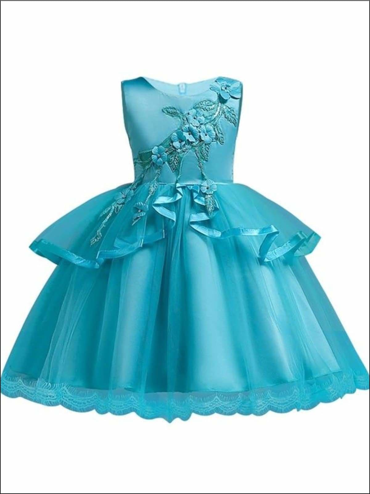 Girls Tiered Ruffle Flower Applique Special Occasion Dress - BLUE / 3T - Girls Dressy Dresses