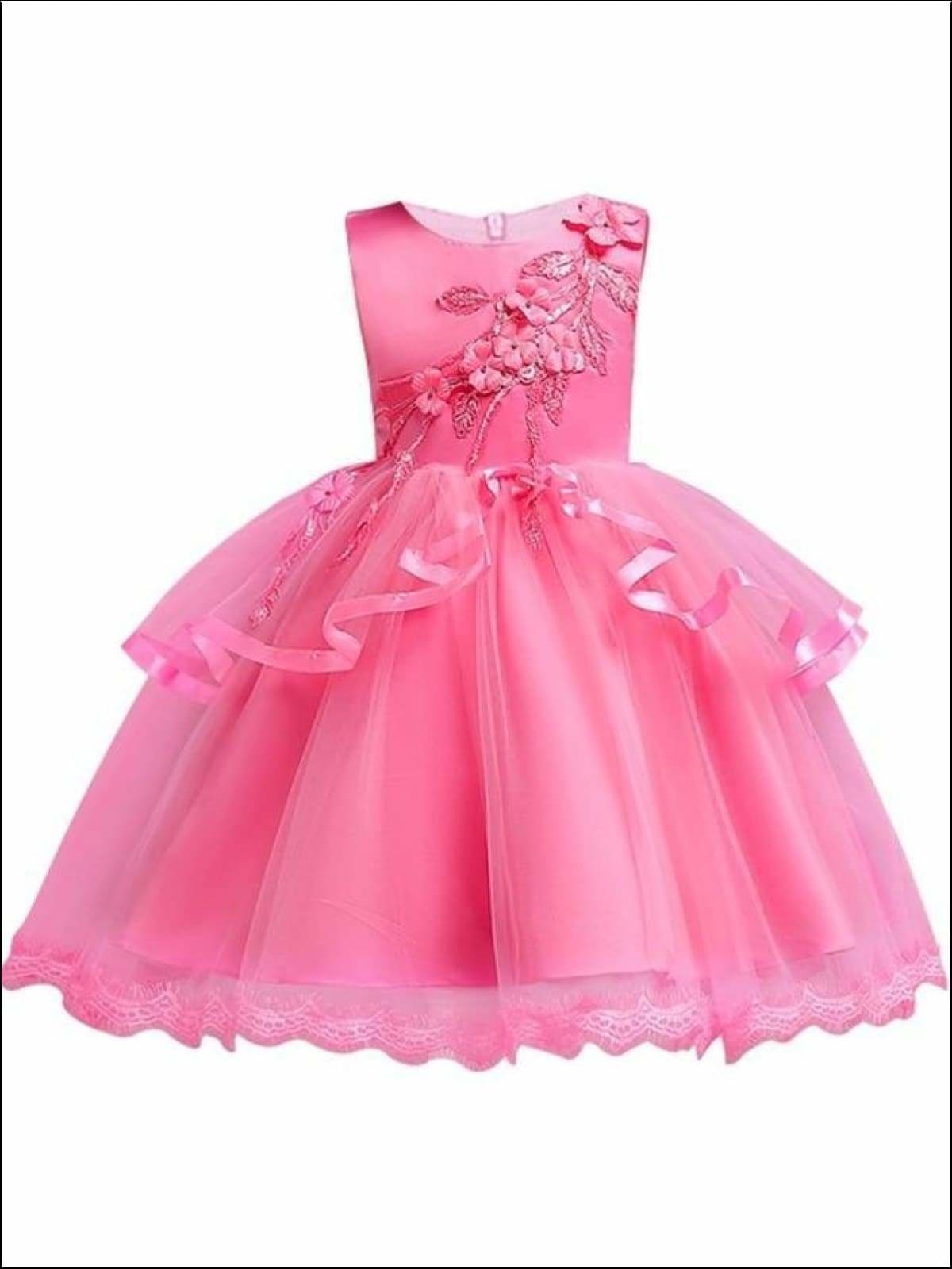 Girls Tiered Ruffle Flower Applique Special Occasion Dress - ROSE / 3T - Girls Dressy Dresses