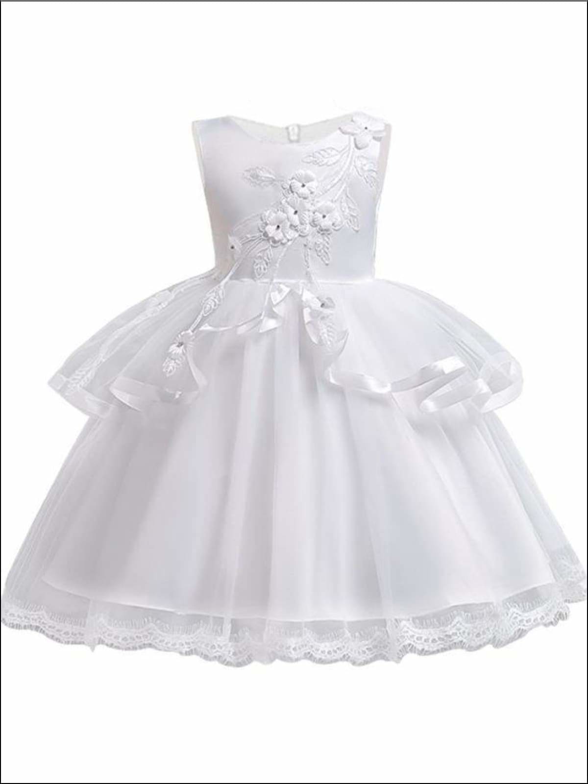 Girls Tiered Ruffle Flower Applique Special Occasion Dress - WHITE / 3T - Girls Dressy Dresses