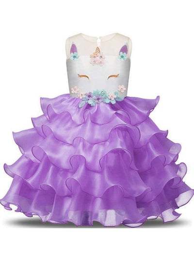 Girls Tiered Ruffle Flower Applique Unicorn Dress - Purple / 3T - Girls Spring Dressy Dress