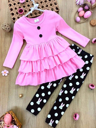 Girls Tiered Ruffle Hem Faux Button Tunic and Bunny Polka Dot Leggings Set- Pink / 2T - Girls Easter Set