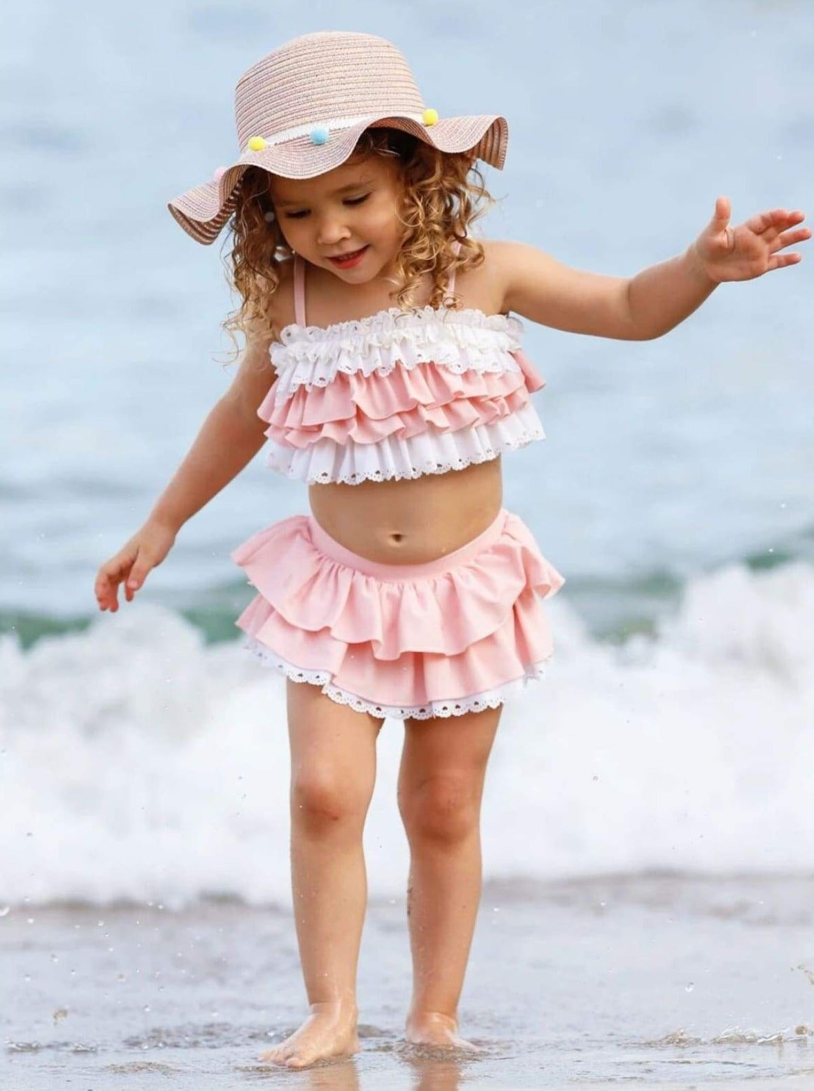 Girls Tiered Ruffled Eyelet Two Piece Swimsuit - Girls Two Piece Swimsuit