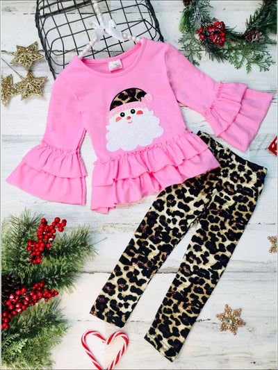 Girls Tiered Ruffled Santa Top and Leopard Leggings Set - Pink / 2T - Girls Christmas Set