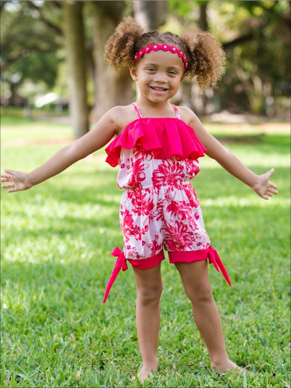 Girls Tomato Red/Pink Floral Spaghetti Strap Banded Bottom Romper w/ Ruffle Detail - Girls Jumpsuit