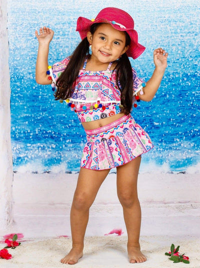 Girls Tribal Print Multicolor Pom Pom Off the Shoulder Ruffled Top & Skirted Bottom Two Piece Swimsuit - Girls Two Piece Swimsuit