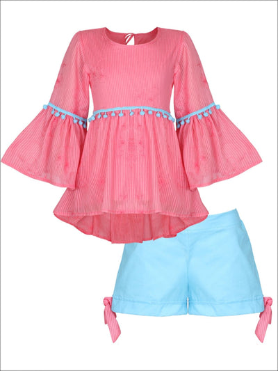 Girls Trimmed Boho Flared Sleeve Tunic & Cuffed Bow Shorts Set - Coral / 2T/3T - Girls Spring Casual Set