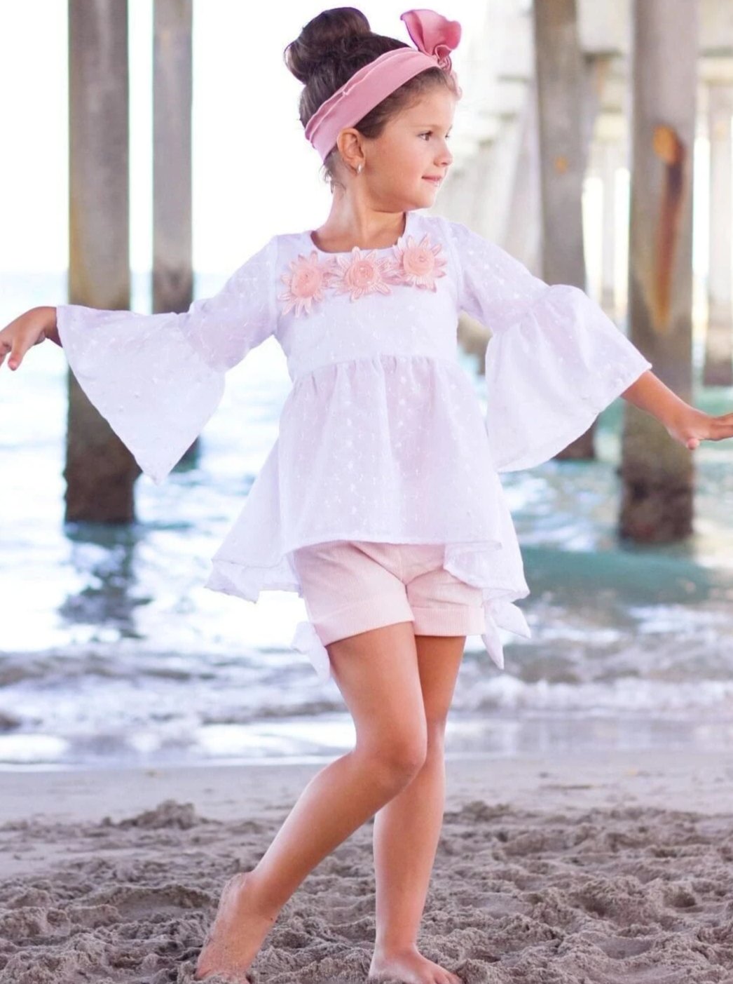 Girls Trimmed Boho Flared Sleeve Tunic & Cuffed Bow Shorts Set - White / 2T/3T - Girls Spring Casual Set