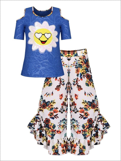 Girls Trimmed Cold Shoulder Top & Ruffled Palazzo Pants Set - Blue / 2T/3T - Girls Spring Casual Set