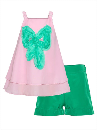 Girls Trimmed Double Layer Swing Tunic & Cuffed Bow Short Set - Green / 2T/3T - Girls Spring Dressy Set